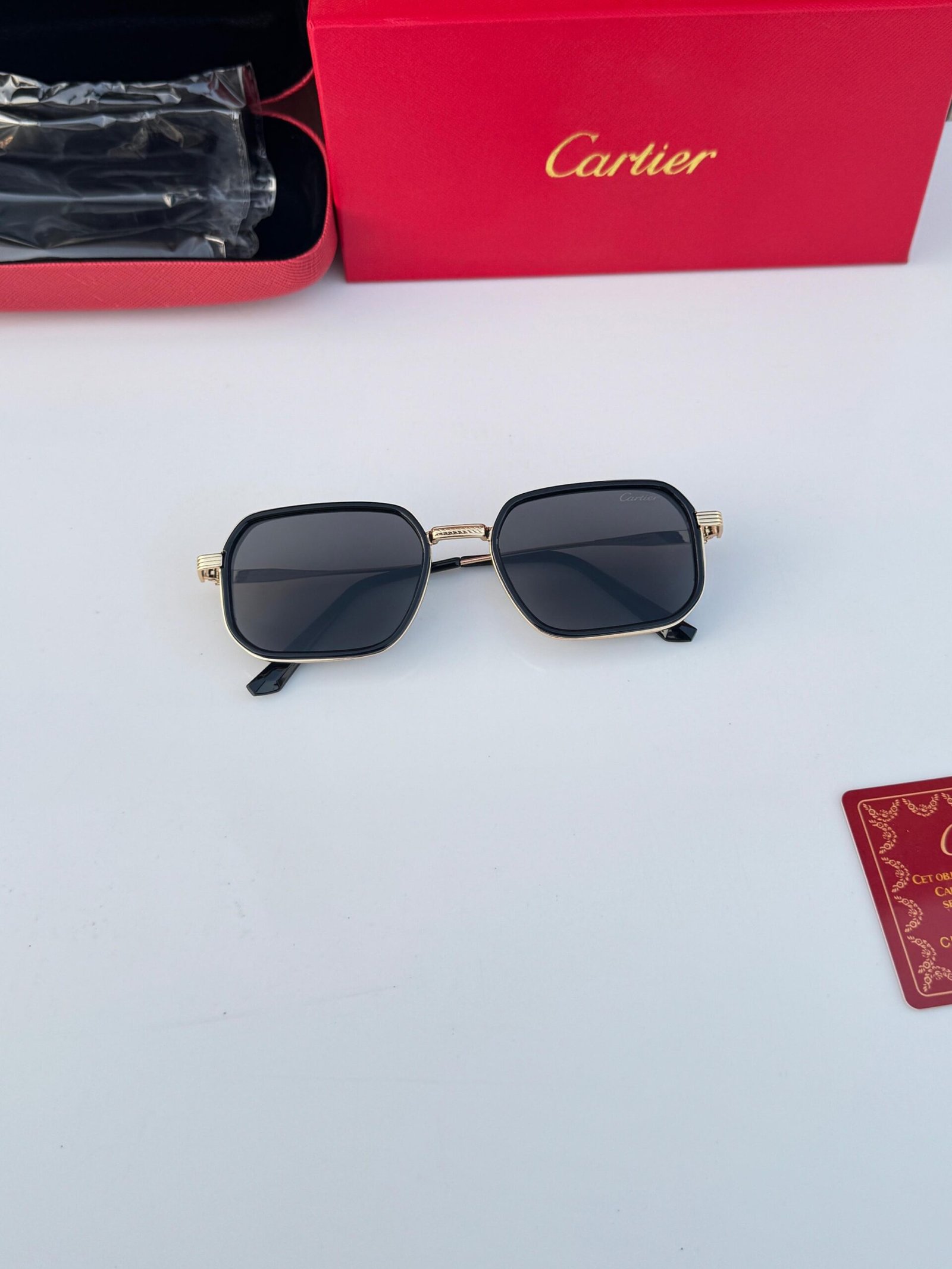 Cartier Black Gold Rectangular Sunglasses – Luxury Designer Eyewear